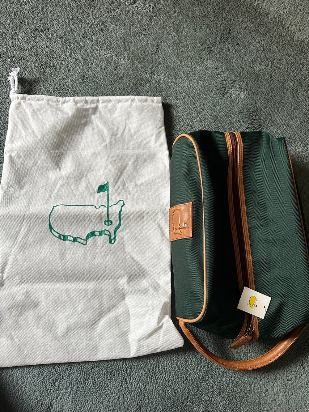 Masters Golf Augusta Green Tan Leather Shoe Bag With Dust Bag New W Tags RARE